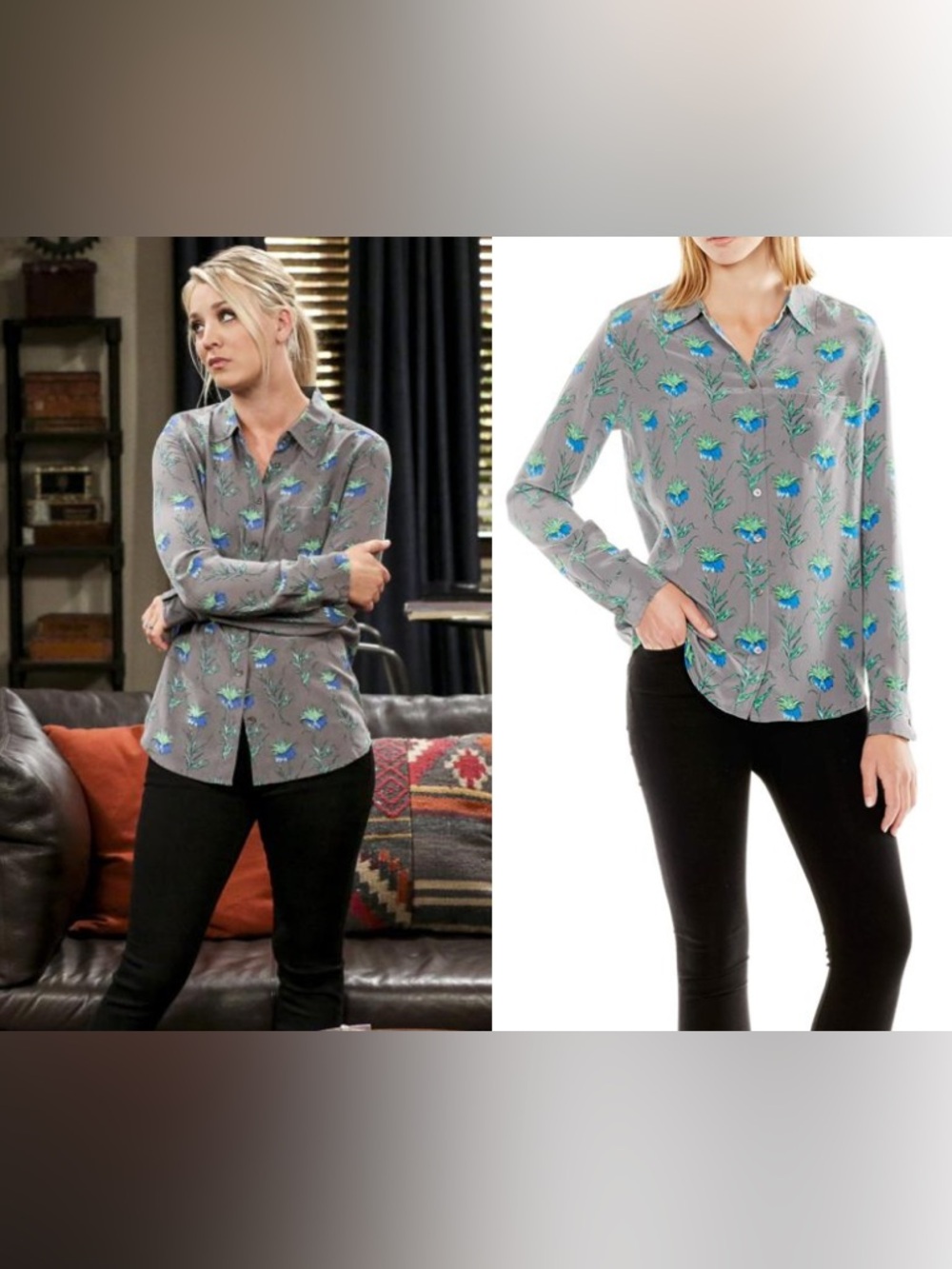 Equipment Brett 100% Silk Blouse Gunmetal Gray Floral Penny Amy Santiago TV XS